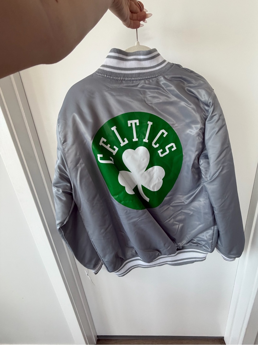STARTER Gray Bomber Jacket with Green Celtics Logo